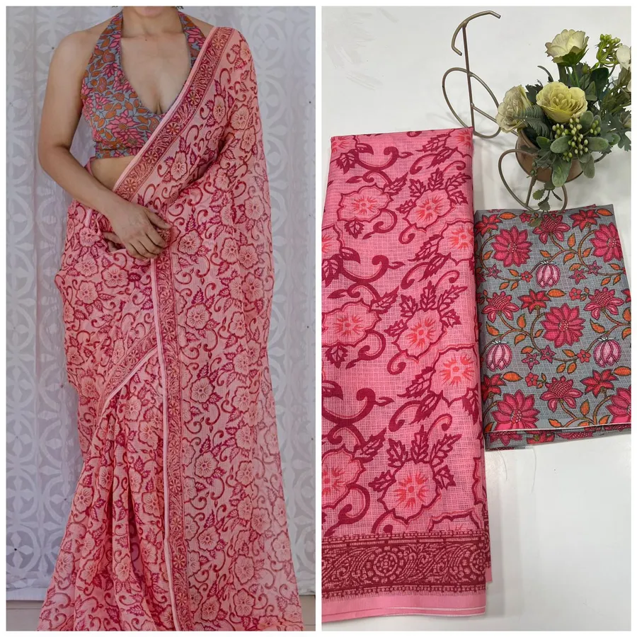 Soft Munga Kota Cotton Checks Saree with Beautiful Prints & Contrast Blouse